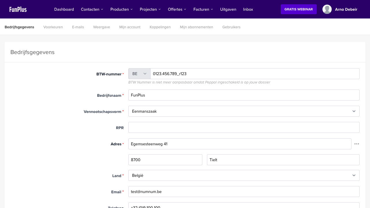 Bedrijfsgegevens invullen